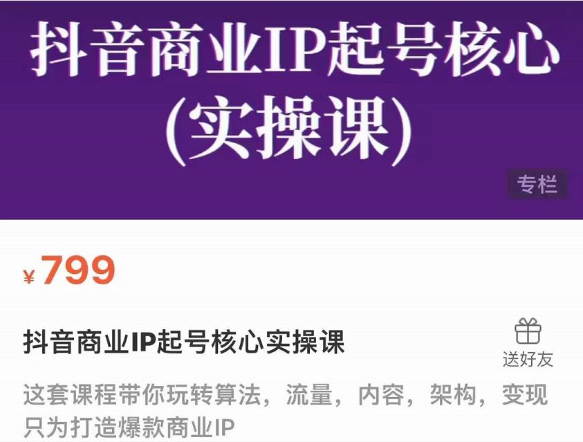 抖音商业IP起号核心实操课，带你玩转算法，流量，内容，架构，变现-久久资源库