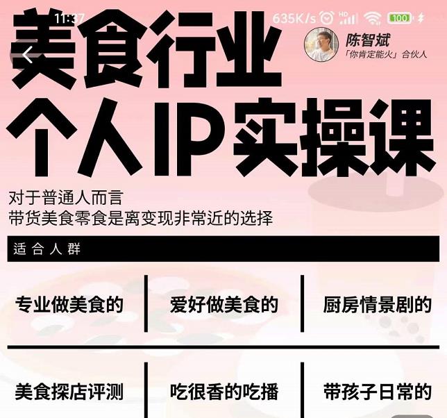 美食行业个人IP实操课，对于普通人而言，带货美食零食是离变现非常近的选择-久久资源库