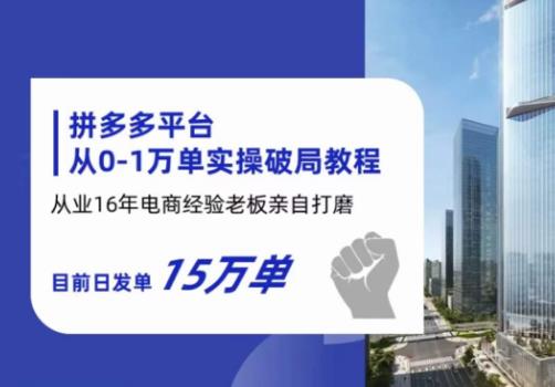 拼多多从0-1万单实操破局教程，从业16年电商经验打磨，目前日发单15万单-久久资源库