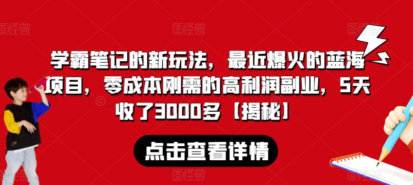 学霸笔记的新玩法，最近爆火的蓝海项目，零成本刚需的高利润副业，5天收了3000多【揭秘】-久久资源库