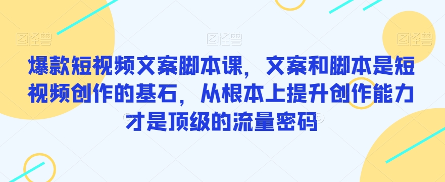 爆款短视频文案脚本课，文案和脚本是短视频创作的基石，从根本上提升创作能力才是顶级的流量密码-久久资源库