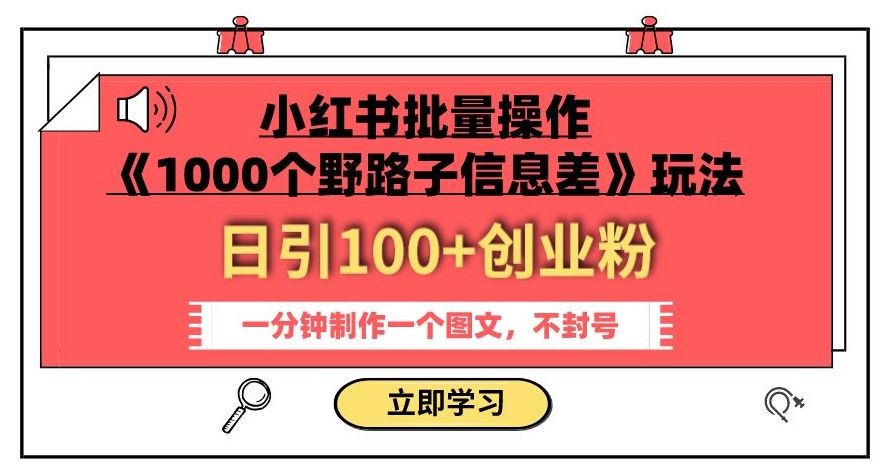 小红书批量操作《1000个野路子信息差》玩法，一分钟制作一个图文，不封号，日引100+创业粉-久久资源库