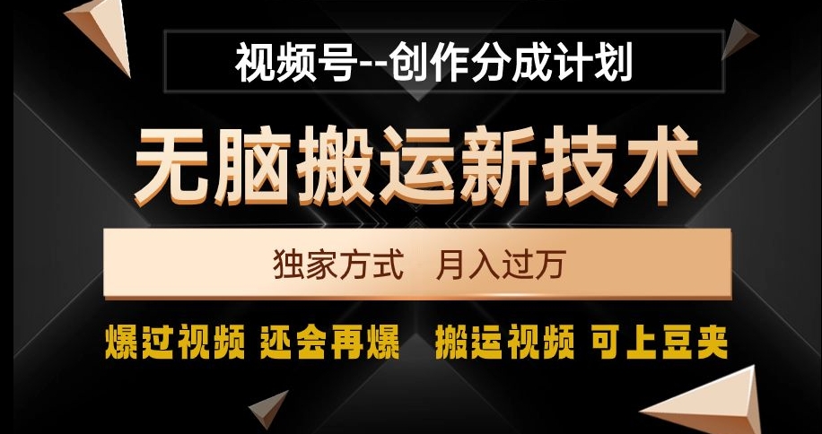视频号无脑搬运新技术，破原创壕流量，独家方式，爆过视频，还会再爆【揭秘】-久久资源库