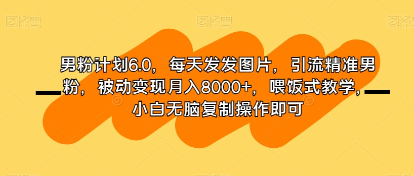 男粉计划6.0，每天发发图片，引流精准男粉，被动变现月入8000+，喂饭式教学，小白无脑复制操作即可-久久资源库