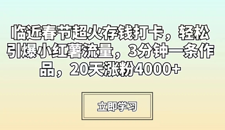 临近春节超火存钱打卡，轻松引爆小红薯流量，3分钟一条作品，20天涨粉4000+【揭秘】-久久资源库