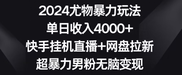 2024尤物暴力玩法，单日收入4000+，快手挂机直播+网盘拉新，超暴力男粉无脑变现【揭秘】-久久资源库