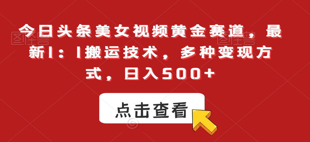 今日头条美女视频黄金赛道，最新1：1搬运技术，多种变现方式，日入500+【揭秘】-久久资源库