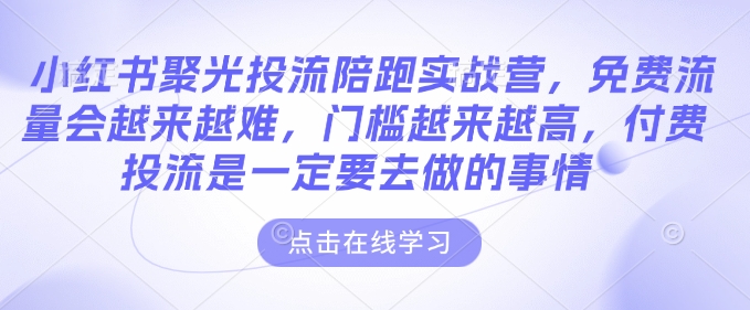 小红书聚光投流陪跑实战营，免费流量会越来越难，门槛越来越高，付费投流是一定要去做的事情-久久资源库