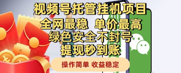 视频号托管挂G项目全网最稳，单价最高，绿色安全不封号提现秒到账，操作简单，收益稳定【揭秘】-久久资源库
